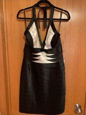 BCBGMaxAzria Black and White Halter Bandage-Style Mini Dress